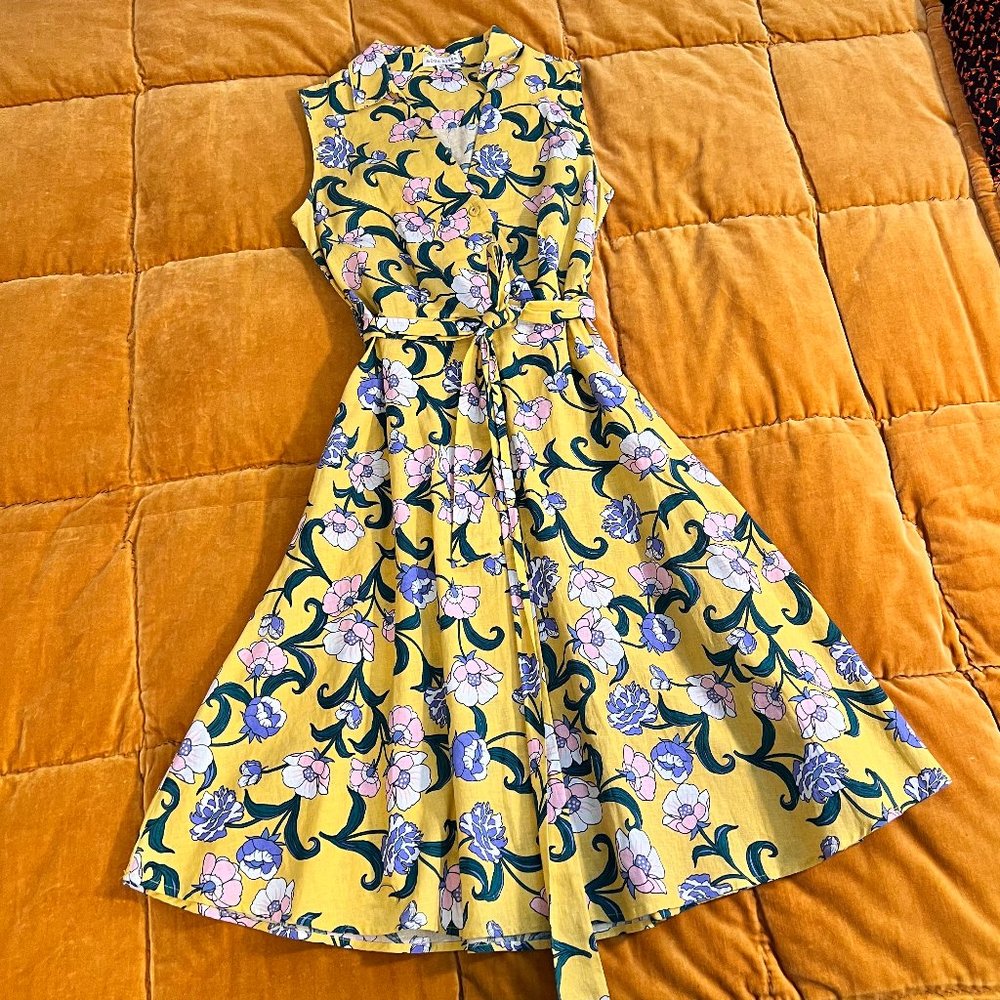 Moon River Faux Wrap Dress XS Yellow Floral Sleeveless Pockets Linen Cotton